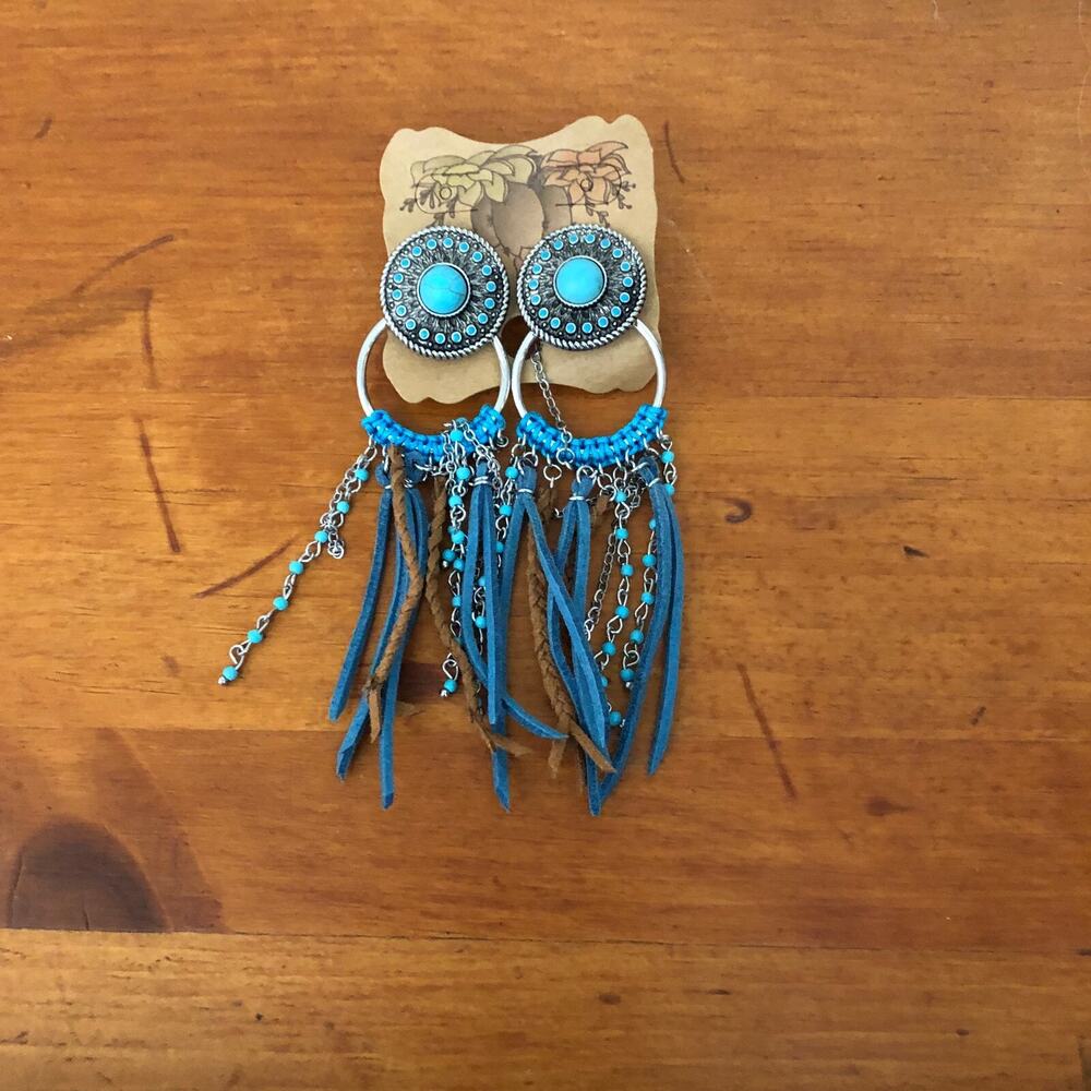 Justin Boots Turquoise Western Concho Earrings with Fringe NWT - Picture 2 of 14
